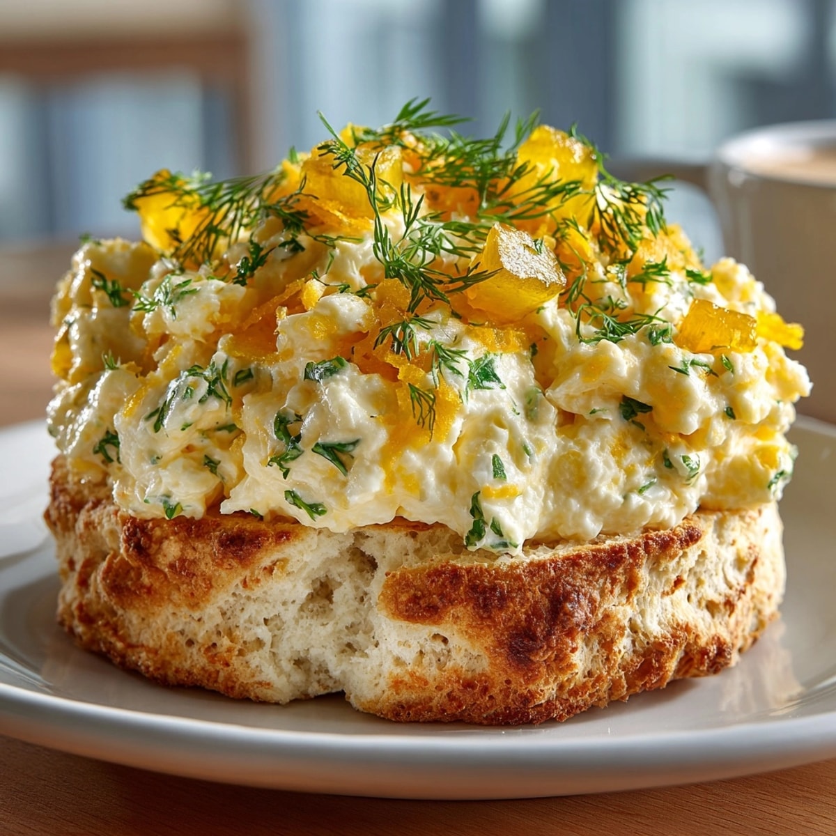 Fluffy Pickle-Fix Dill Egg Biscuit Nests, a savory breakfast with creamy scrambled eggs and crunchy pickles.