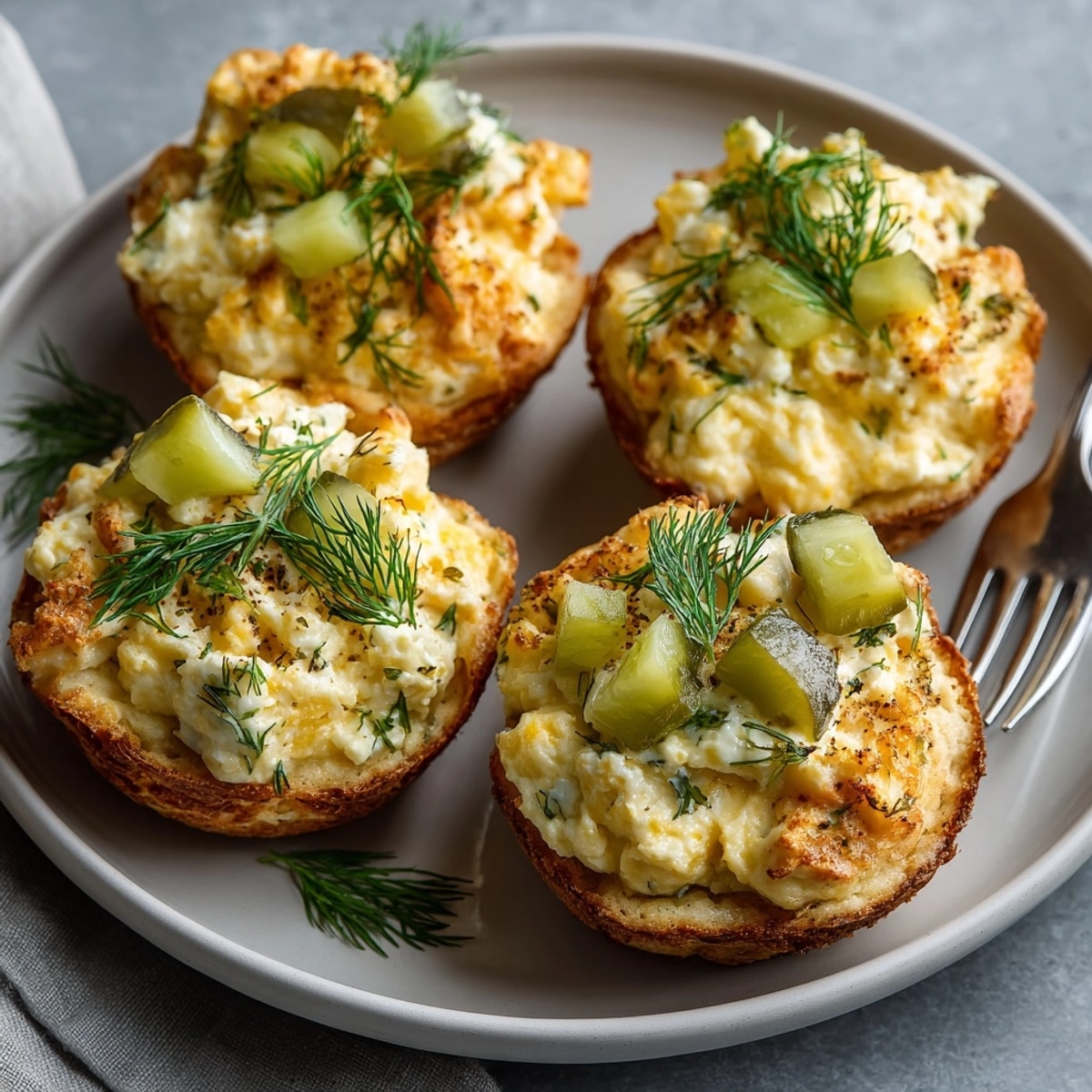 A close-up of golden Pickle-Fix Dill Egg Biscuit Nests, perfect for a vegetarian brunch or easy eats.