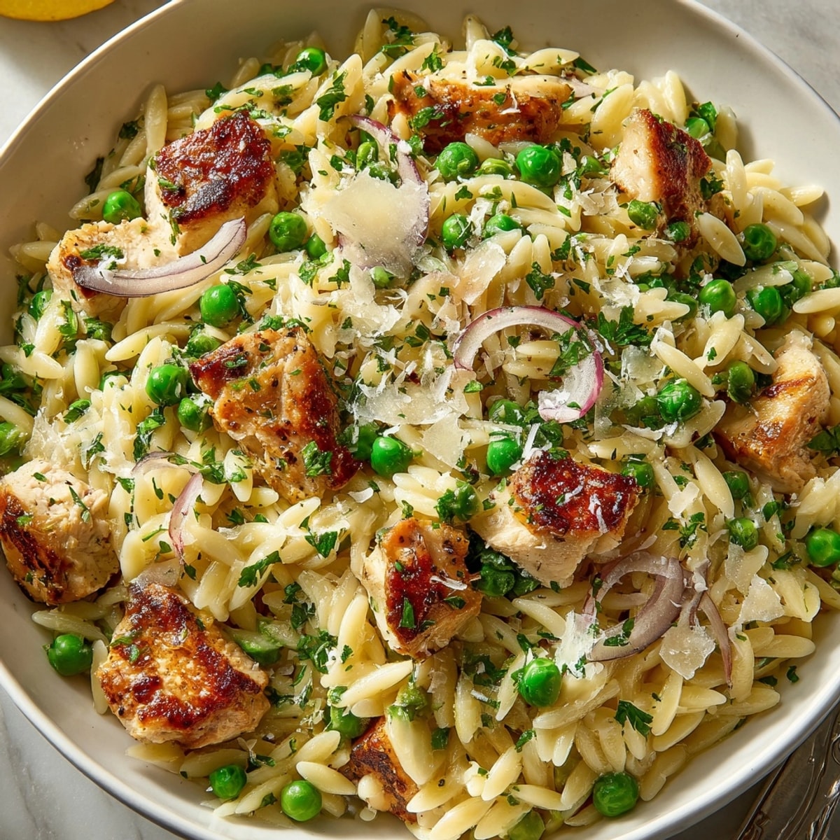 Golden-brown one-pot buttery garlic chicken orzo with peas, a comforting creamy meal.