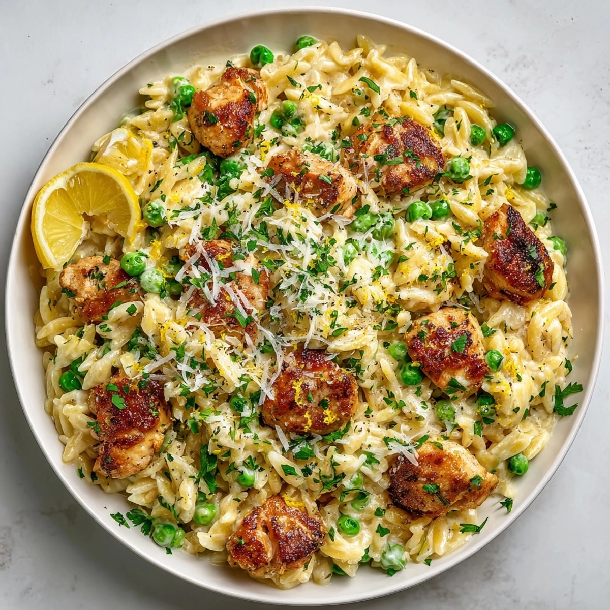 Steaming bowl of one-pot buttery garlic chicken orzo, ready to serve with fresh herbs.