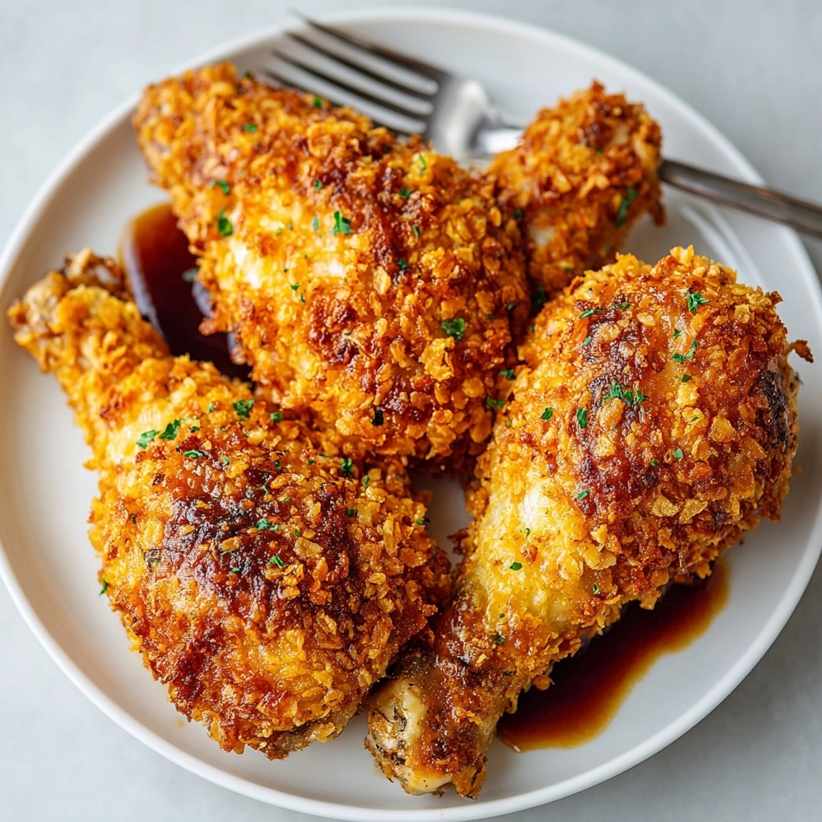 Crispy golden Cornflake-Crunch Cola Drumsticks on a platter, ready to be devoured for dinner.