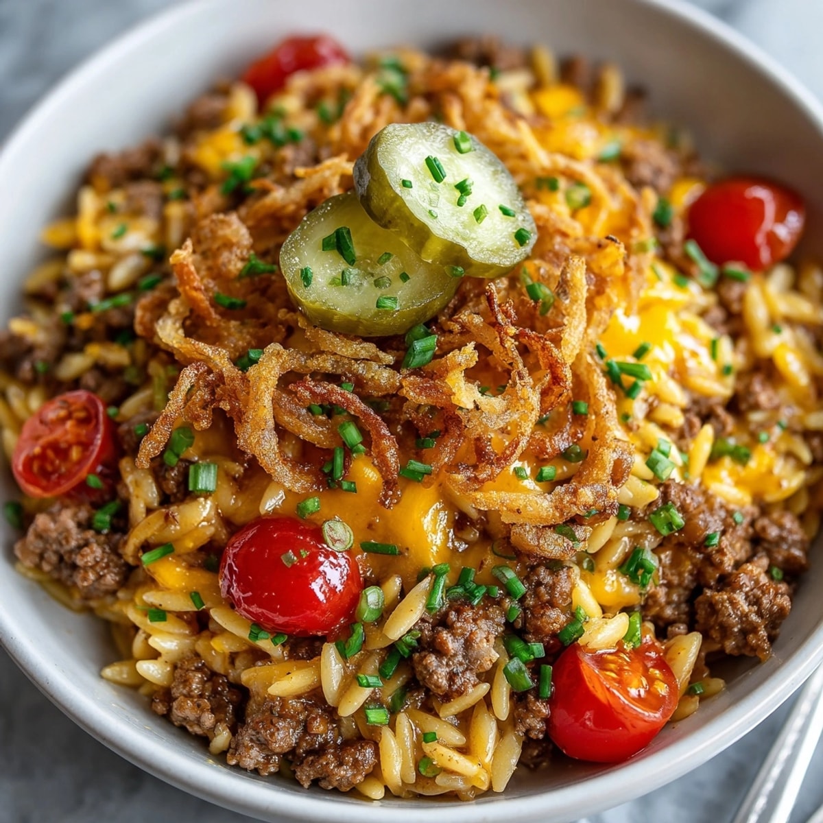 A flavorful Cheeseburger Orzo Skillet with a melted cheese top and crispy pickle garnish.