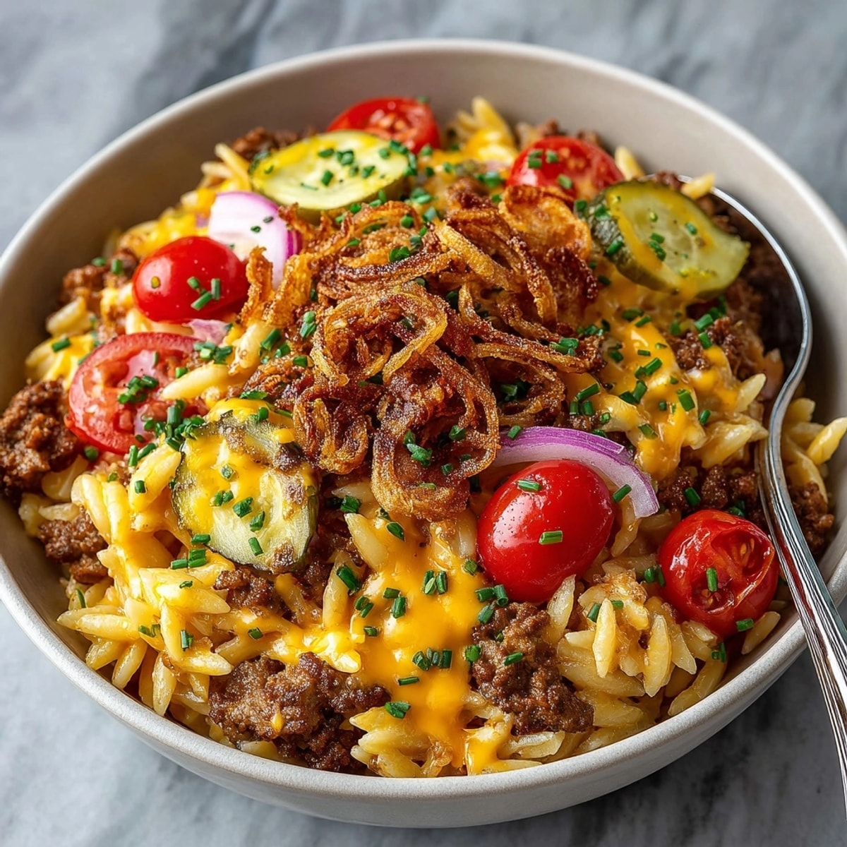 This delicious Cheeseburger Orzo Skillet features a creamy base, bursting with classic burger flavors and texture.