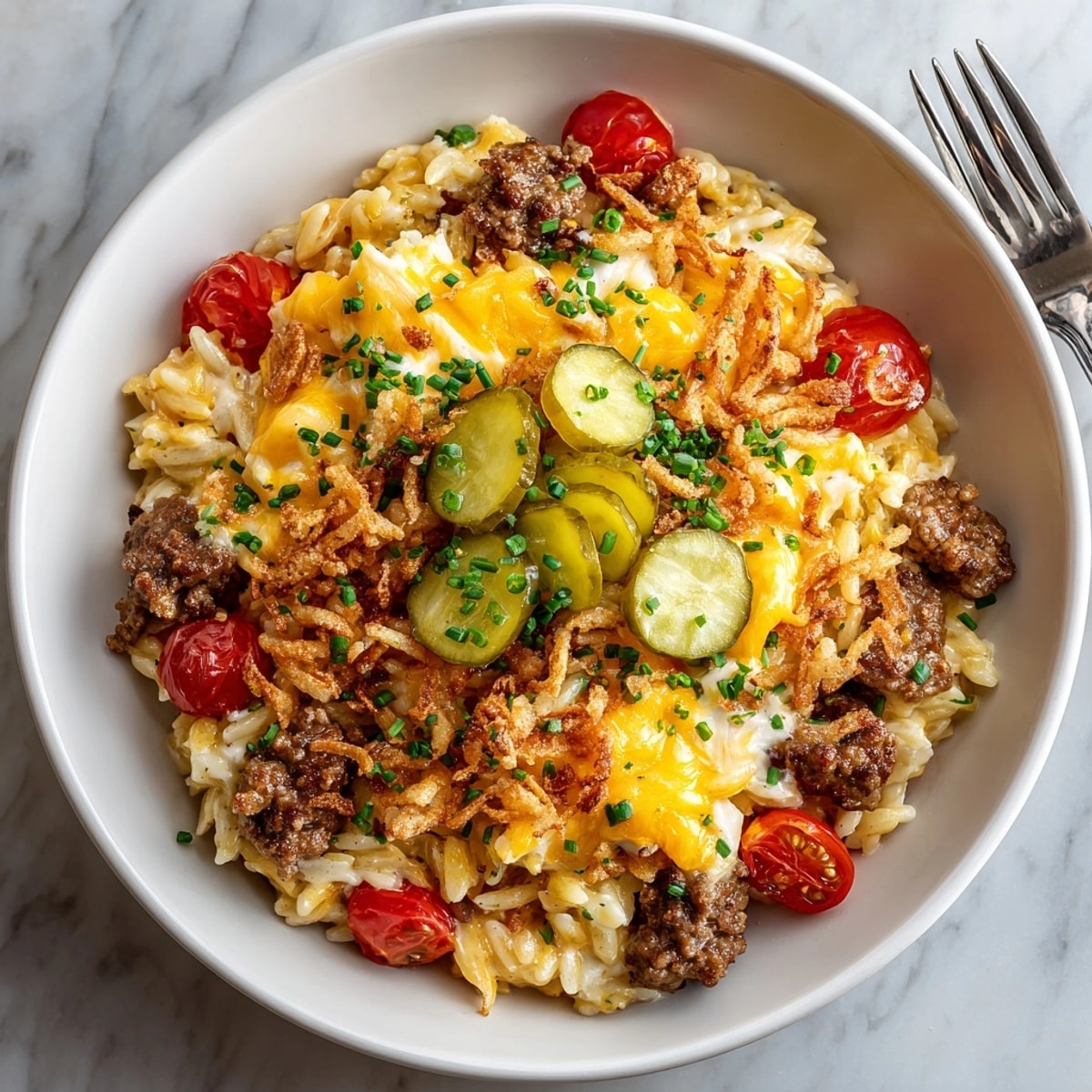 Savory Cheeseburger Orzo Skillet, a comforting one-pan dish topped with crunchy dill pickles and crispy onions.