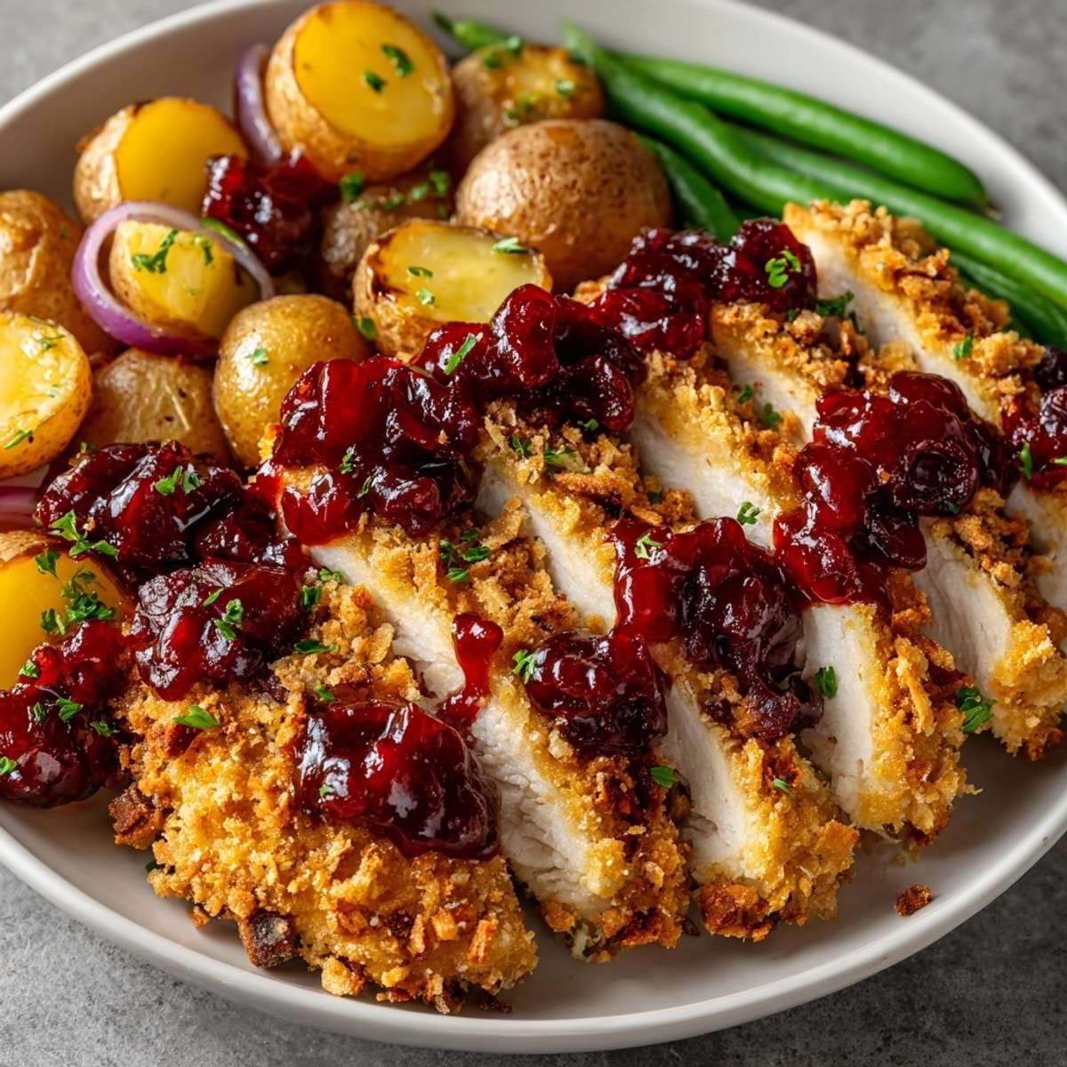 Golden-brown pretzel-crusted chicken with vibrant veggies, ready to serve with cherry mustard.