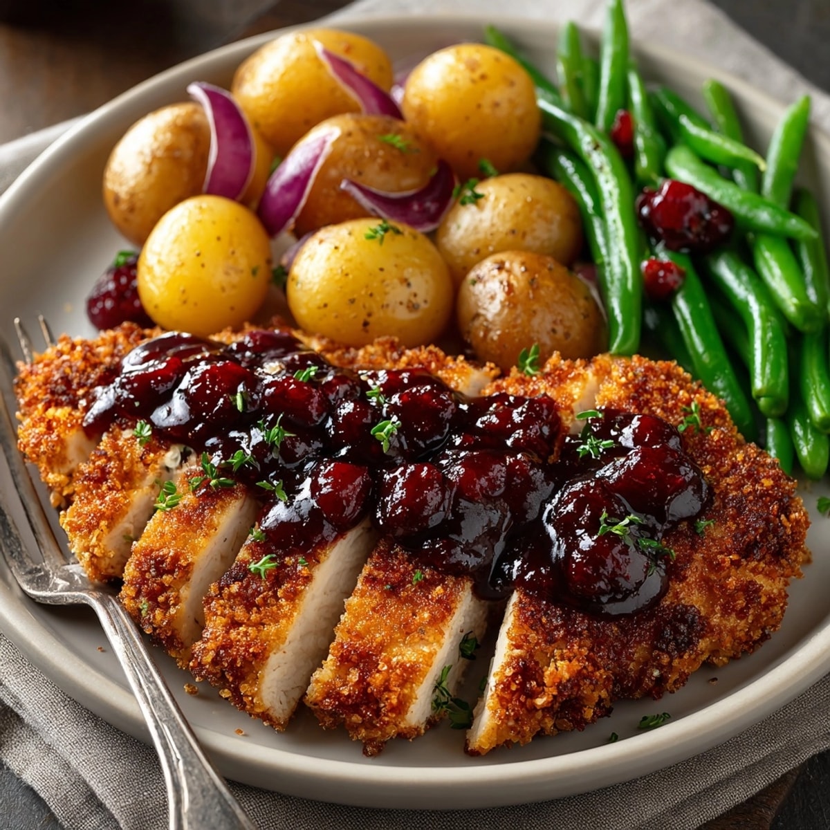 This sheet-pan Pretzel-Crusted Cherry Mustard Chicken features a crispy pretzel coating and a bright cherry glaze.