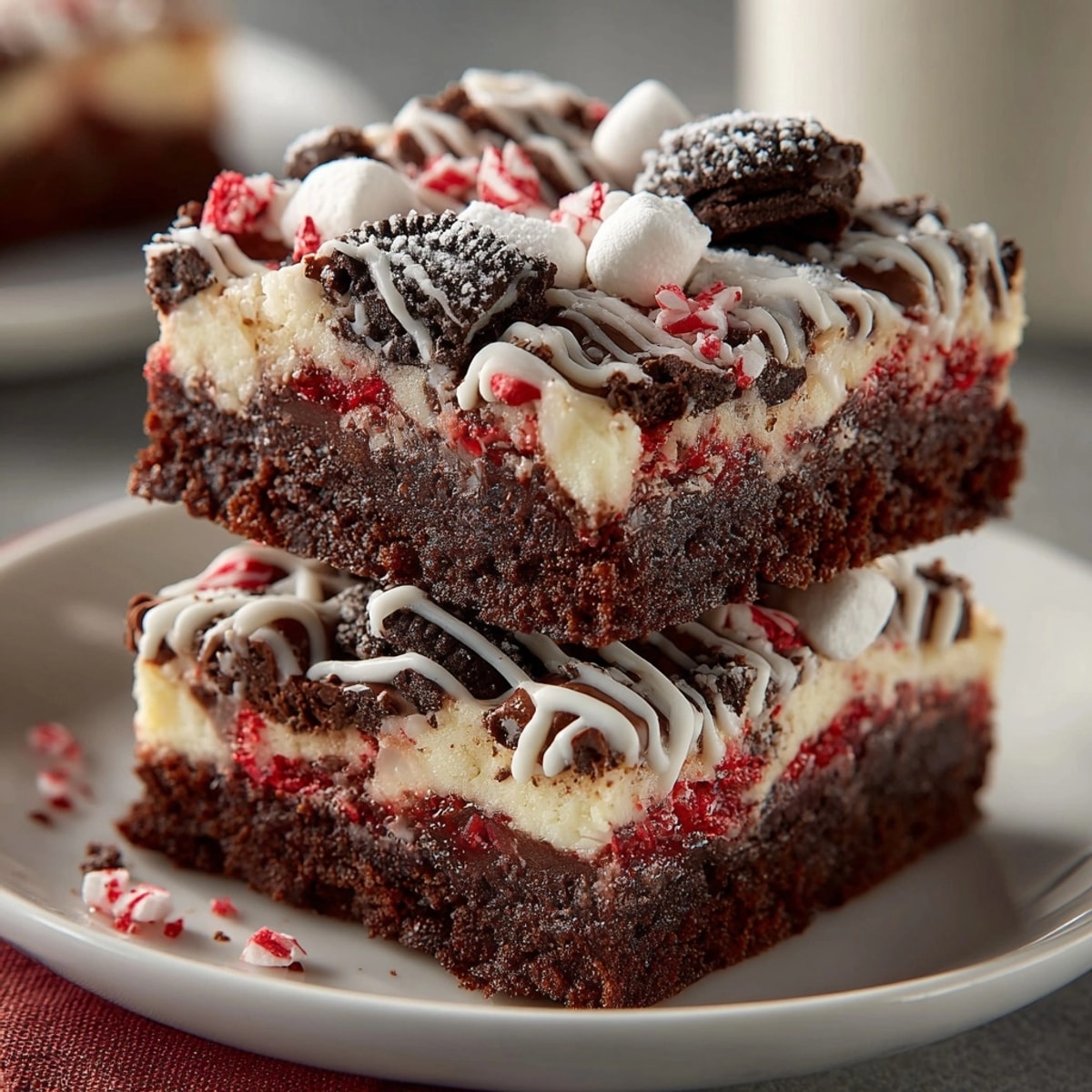A close-up of rich, layered Chaos Peppermint Chocolate Cookie Rubble Bars, a festive no-bake dessert.