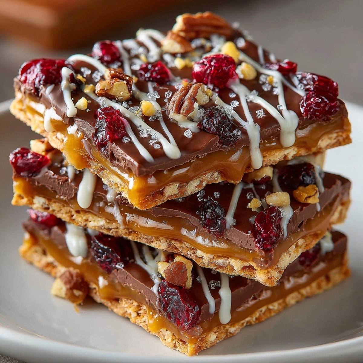 Shiny cherry-coded toffee saltine cracker bark with drizzled white chocolate, ready to break and serve.