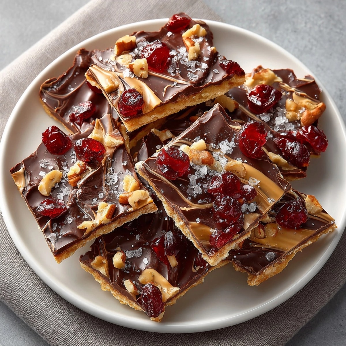 Bite-sized pieces of cherry-coded toffee saltine cracker bark, a sweet and salty homemade treat delight.