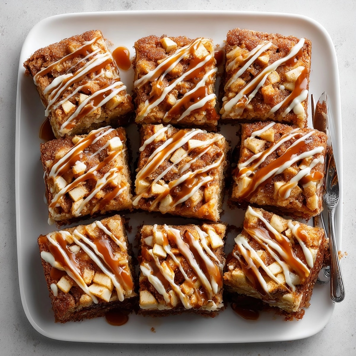 Freshly baked Apple Cider Doughnut Chaos Blondies, a delightful autumn dessert, drizzled with glaze, perfect with coffee.