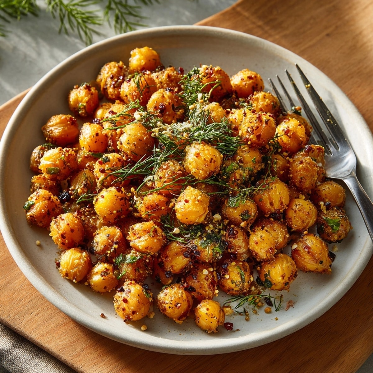 A bowl overflowing with flavorful, crispy Pickle Dust Roasted Chickpeas: a vegan delight, ready to eat.