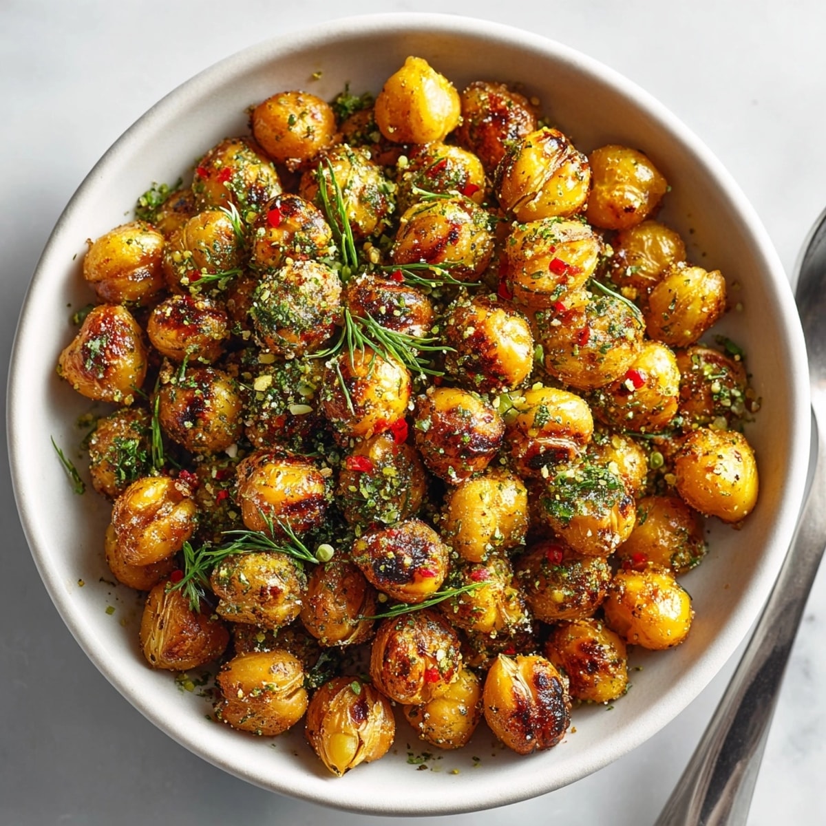 These flavorful, crispy Pickle Dust Roasted Chickpeas display a delicious, tangy snack, perfect for any occasion.