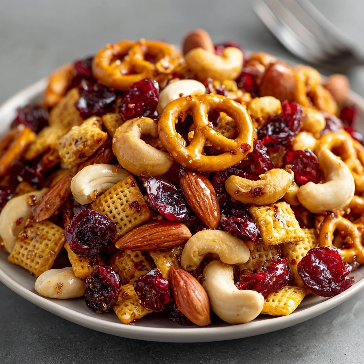 A big bowl of Cherry Hot Honey Pretzel Snack Mix: crunchy, spicy, and ready-to-eat!