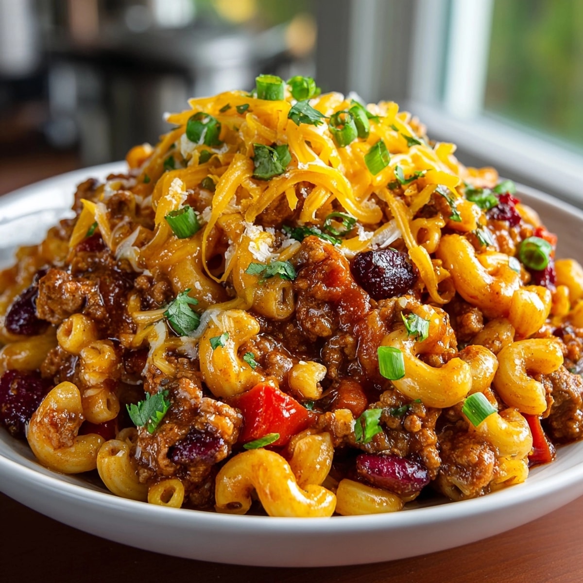 Steaming one-pot cranberry turkey chili mac, a comfort food masterpiece, ready to warm your kitchen.