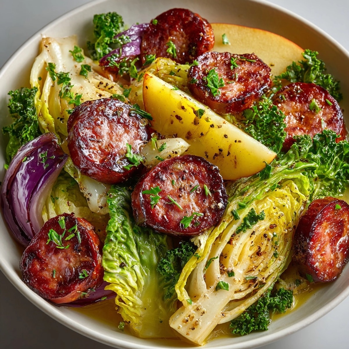 Golden-brown Maple Dijon Sausage-Apple-Cabbage Sheet Pan, with glistening apples and caramelized cabbage.