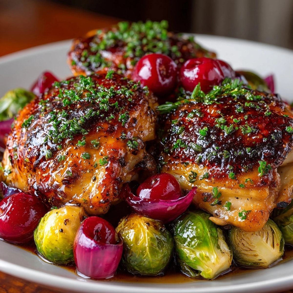 Sheet-Pan Cherry Balsamic Chicken & Brussels: roasted chicken thighs with glazed cherries and tender Brussels sprouts.