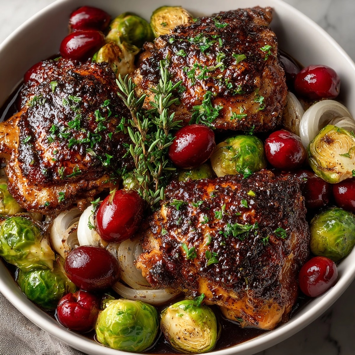 Vibrant Sheet-Pan Cherry Balsamic Chicken & Brussels with a rich balsamic glaze and crispy roasted vegetables.