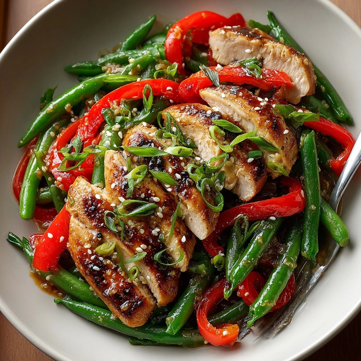 Quick Garlic-Butter Turkey & Green Bean Stir-Fry: a sizzling pan of sliced turkey and green beans in a buttery, garlic sauce.