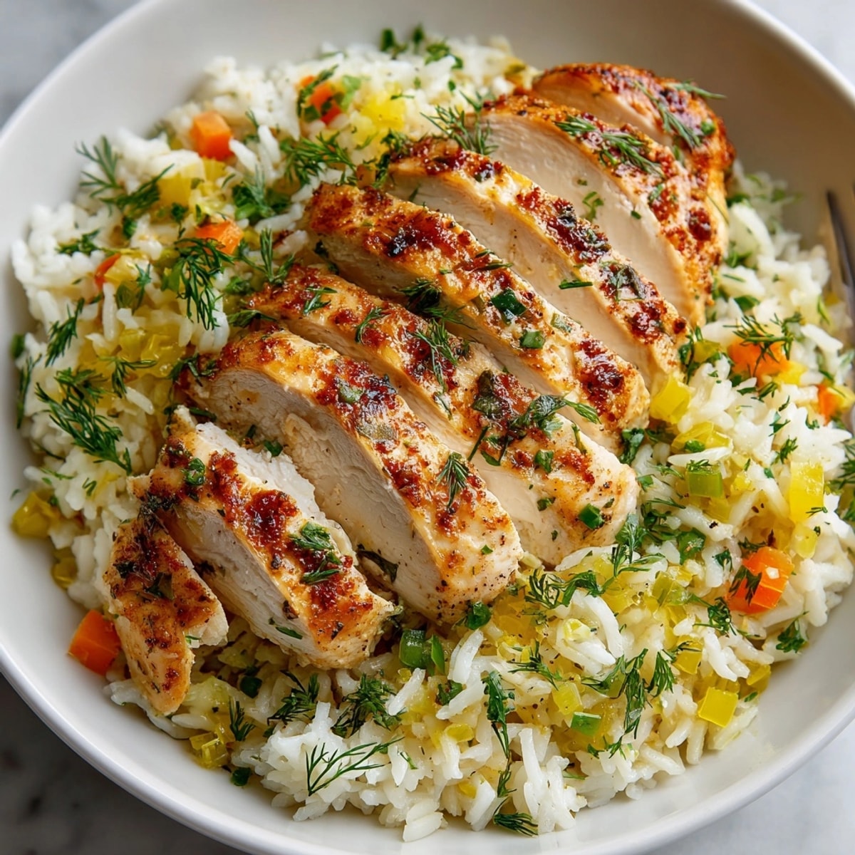 Imagine a skillet of golden Skillet Dill Pickle Chicken & Rice Pilaf, ready to serve.
