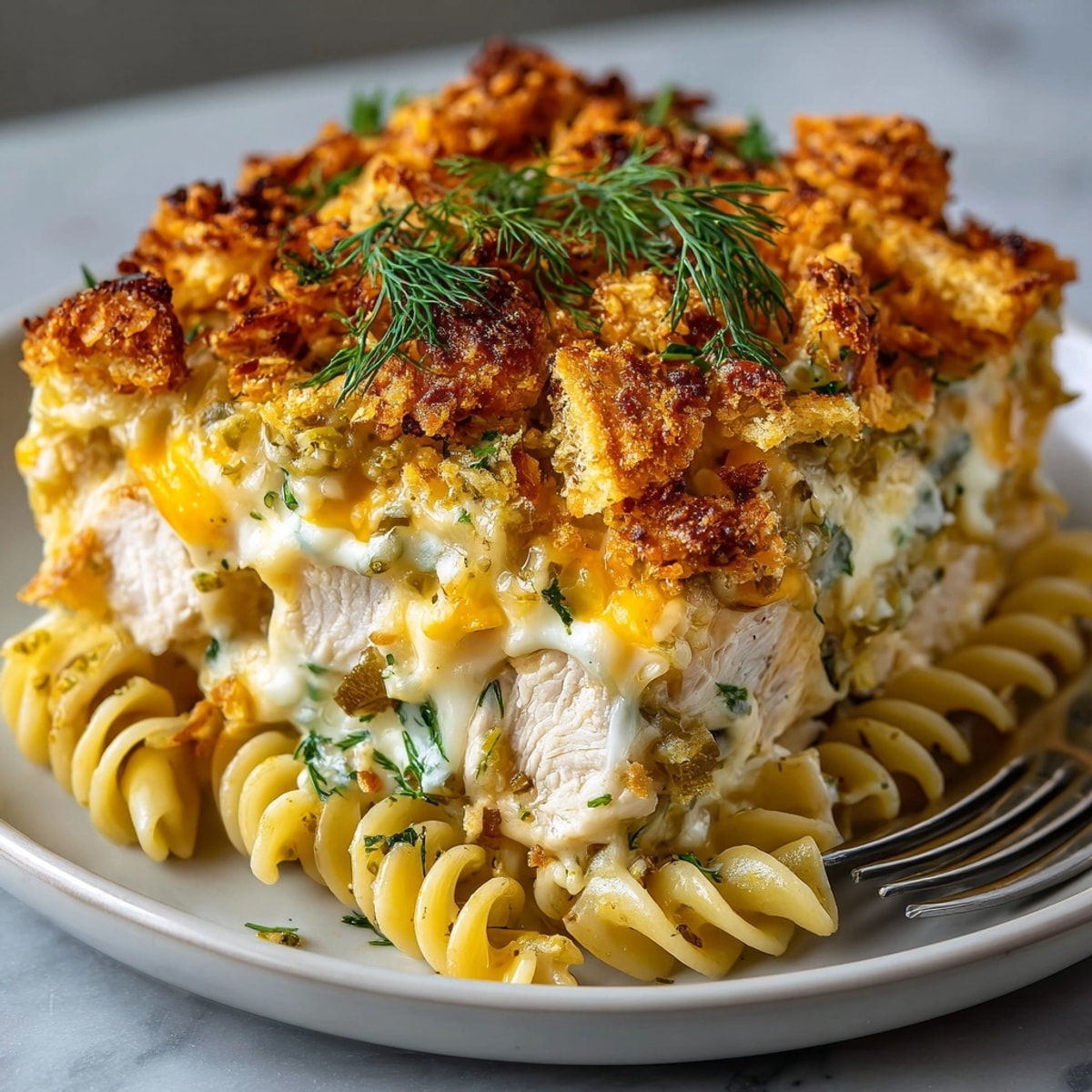 Golden, bubbly Pickle Chip Crusted Chicken Pasta Bake; a comforting baked pasta dish ready to serve.