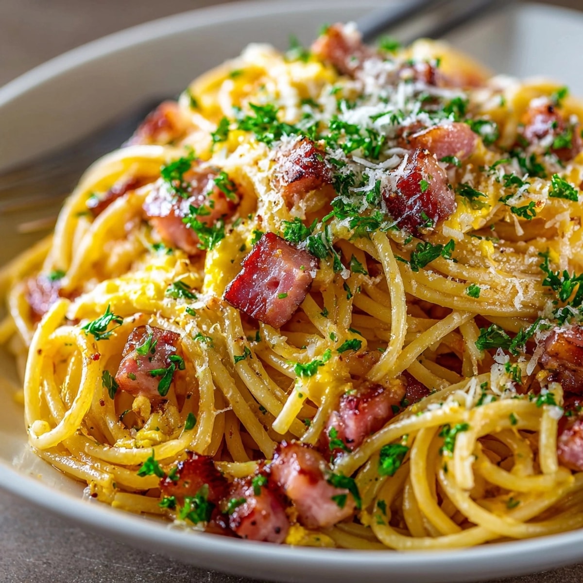 Cherry Glazed Ham Breakfast Pasta: A close-up of the pasta with glistening cherry glaze over diced ham.