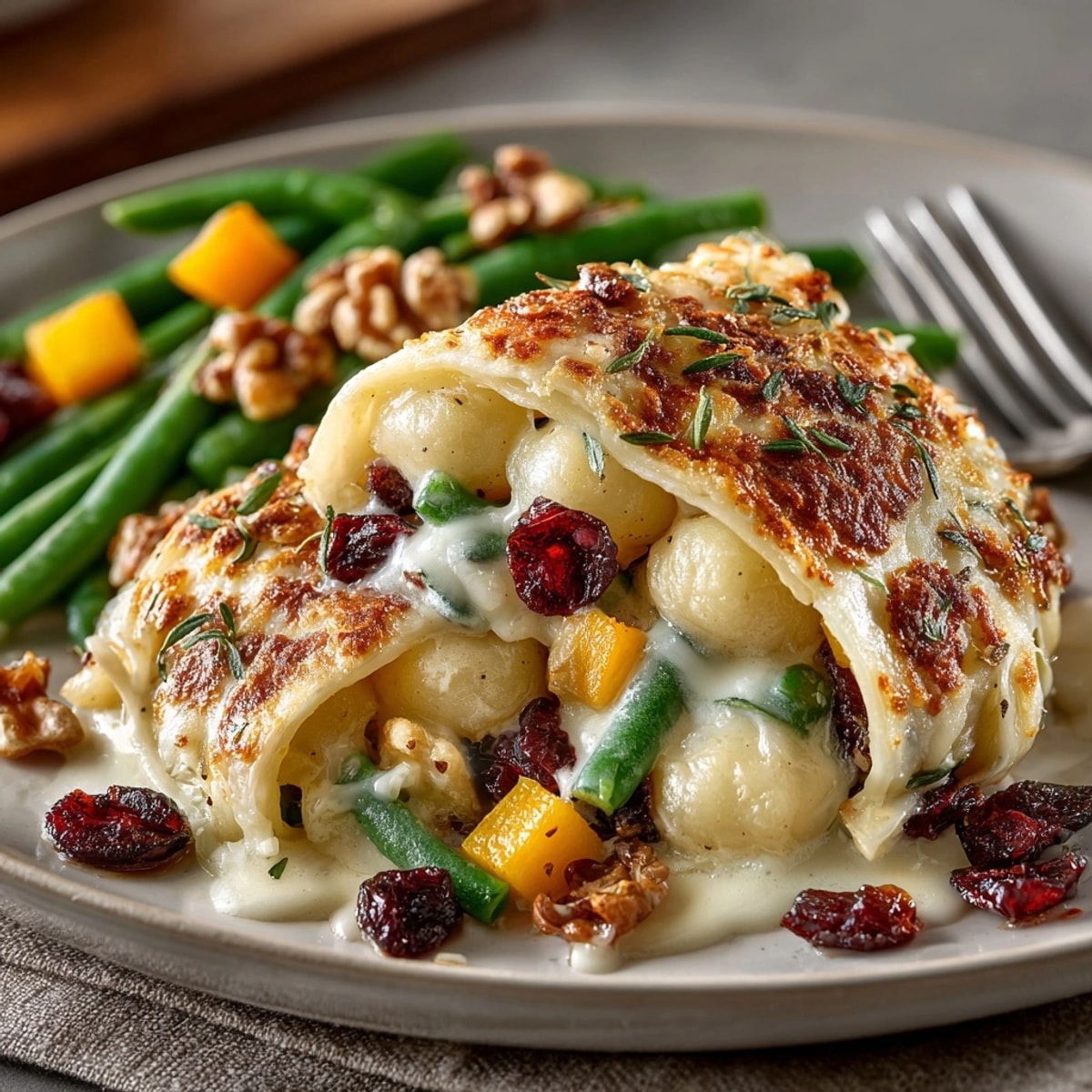 Vibrant image of Thanksgiving Sage Butter Gnocchi Wraps: golden, filled rolls with crispy edges and a savory herb sauce.