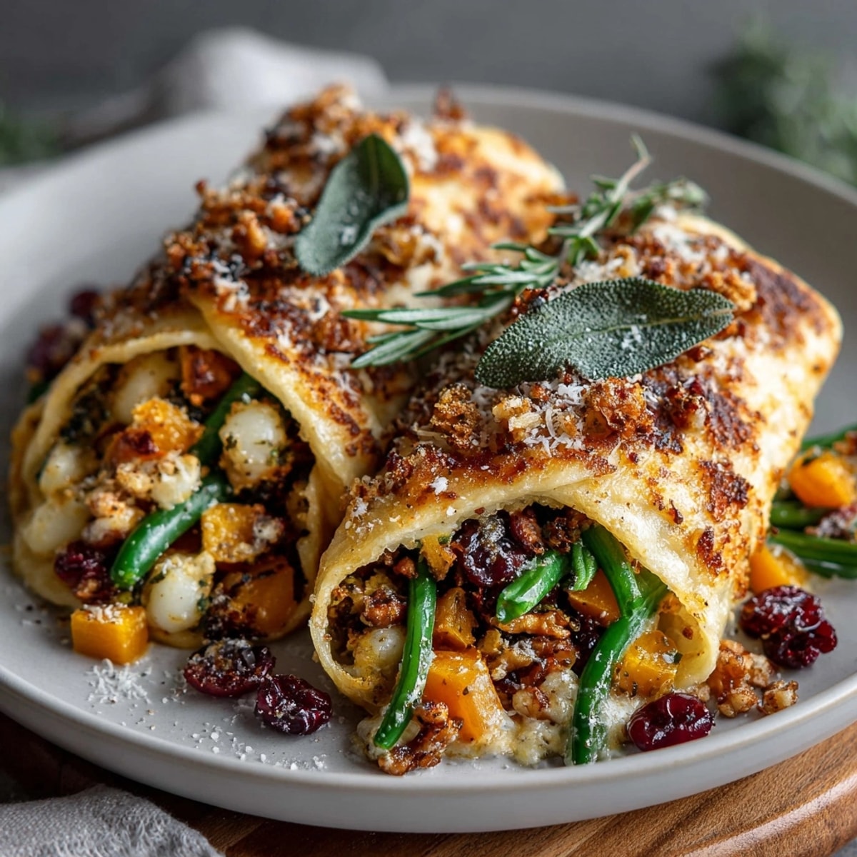 Warm, close-up of Thanksgiving Sage Butter Gnocchi Wraps ready to eat, showing the delicious filling and soft gnocchi.
