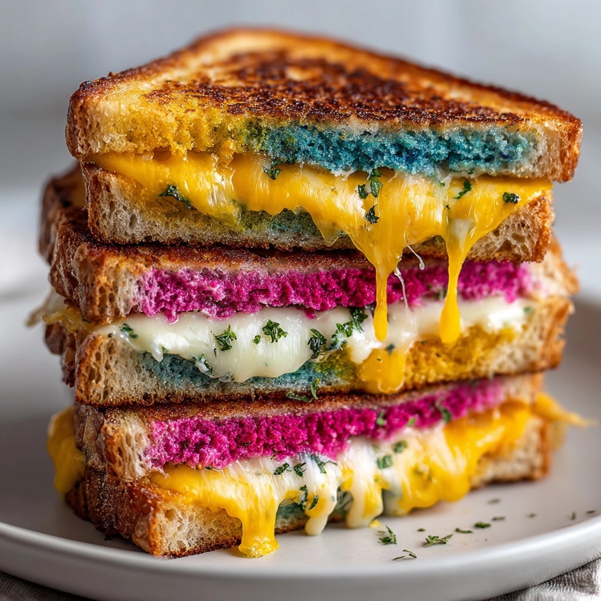 Vibrant, melted, colorful cheese swirls within a crispy Chaos-Style Funky Colored Grilled Cheese sandwich.