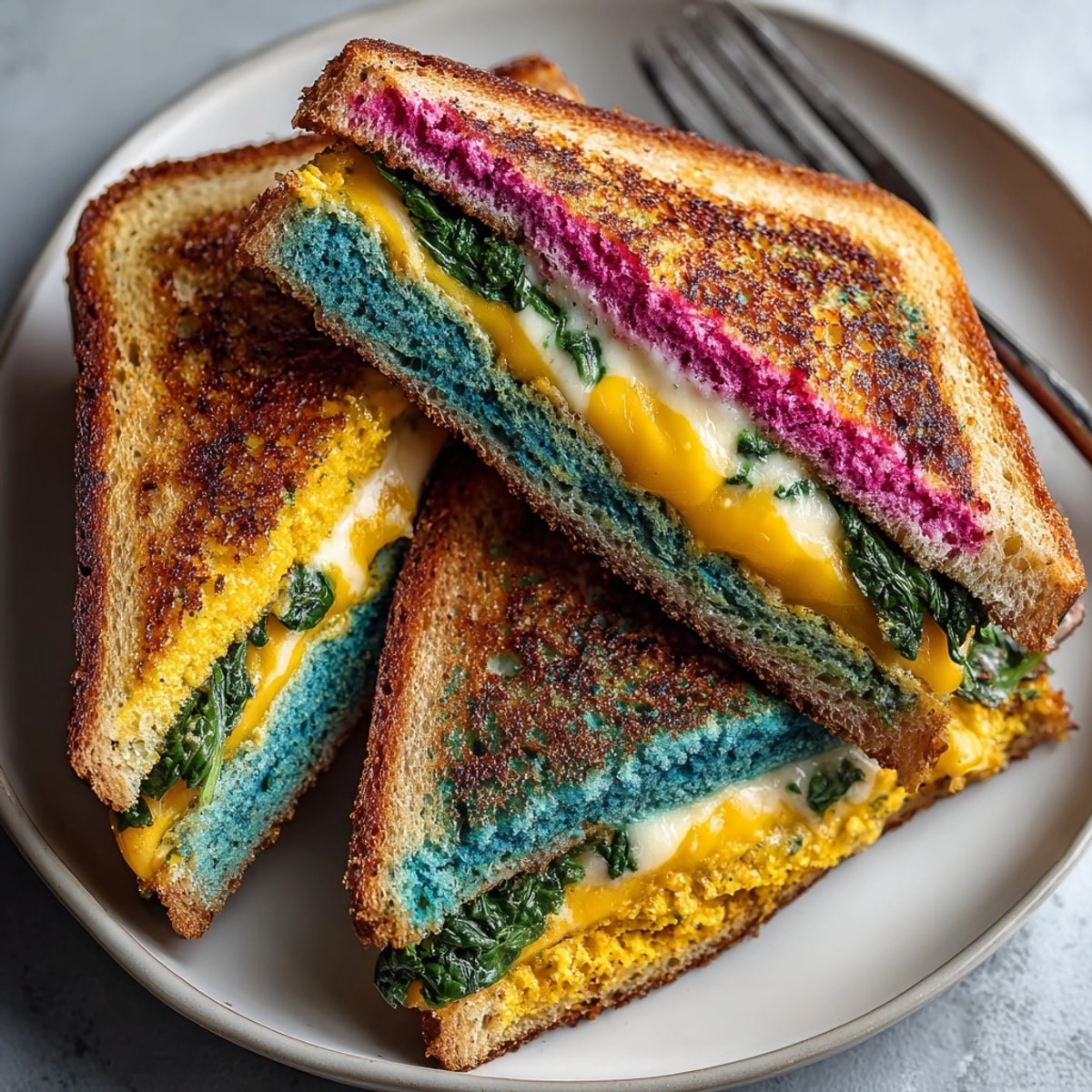 Imagining the perfect lunch: a crispy Chaos-Style Funky Colored Grilled Cheese ready to be sliced and served hot!