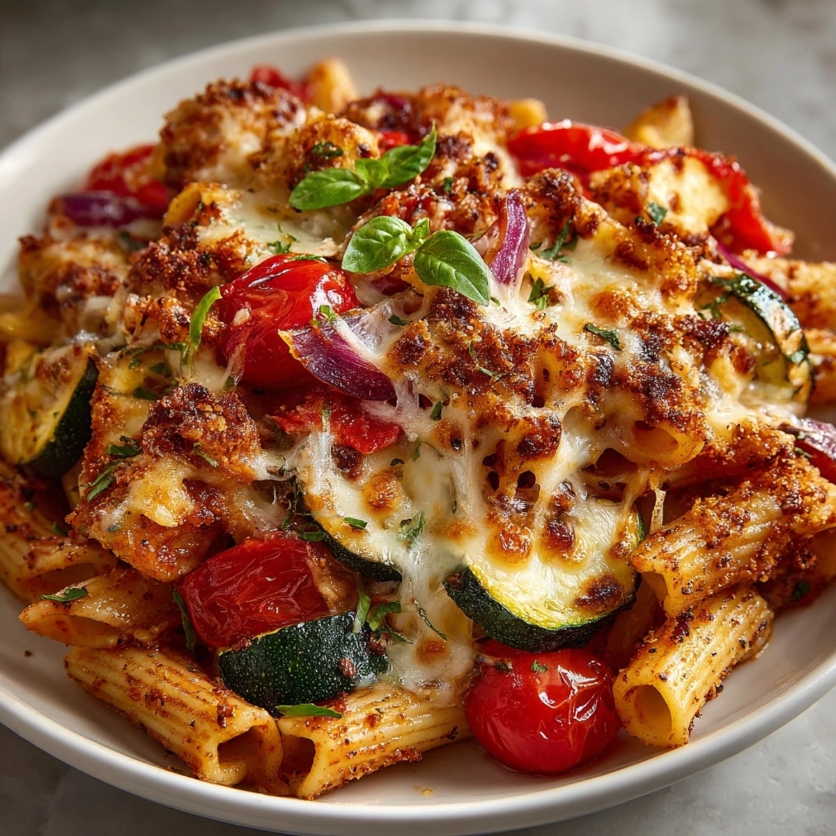 Steaming hot ghost pepper chickpea pasta bake, covered in bubbly mozzarella and Parmesan cheese.