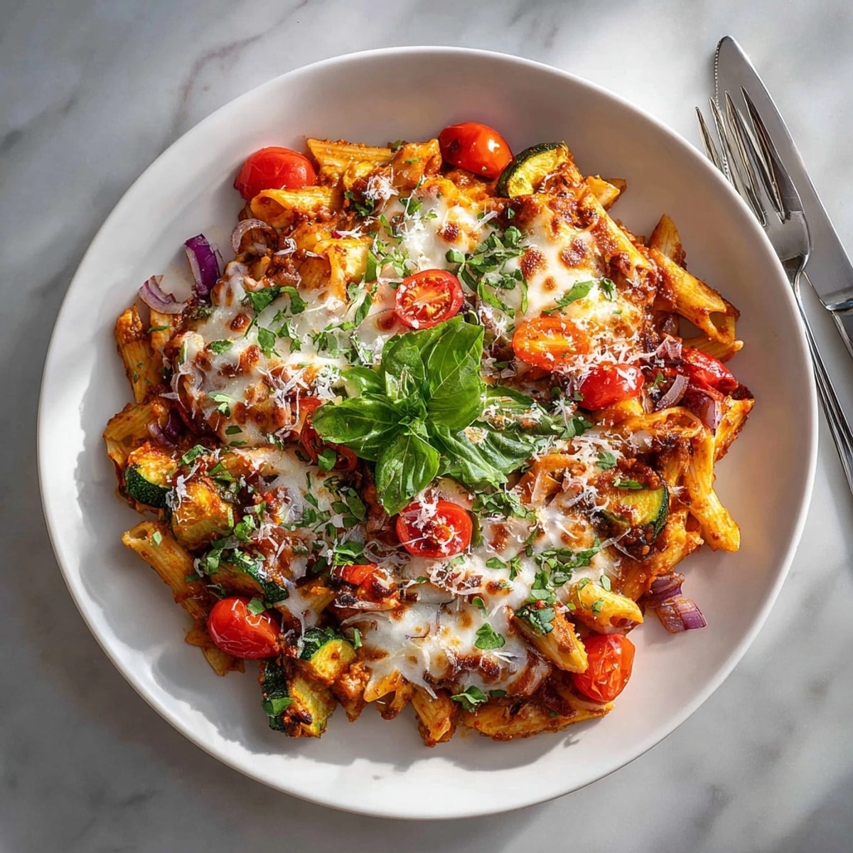 A close-up of the spicy ghost pepper chickpea pasta bake, ready to serve with fresh basil.