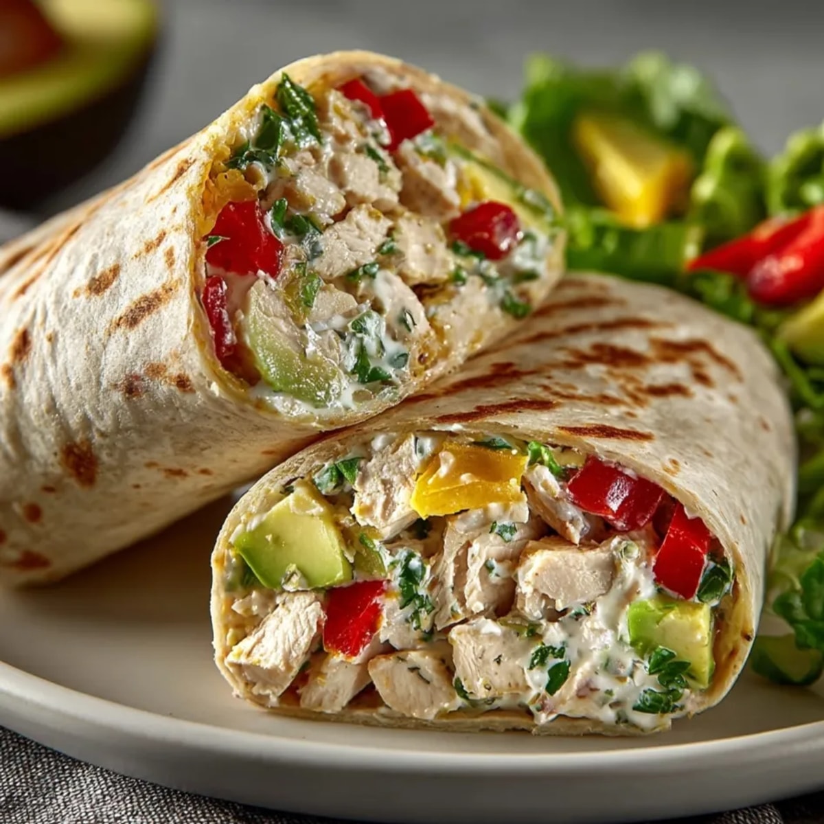 Fresh Maple Mustard Chicken Salad Wraps ready to enjoy, with tender chicken visible.