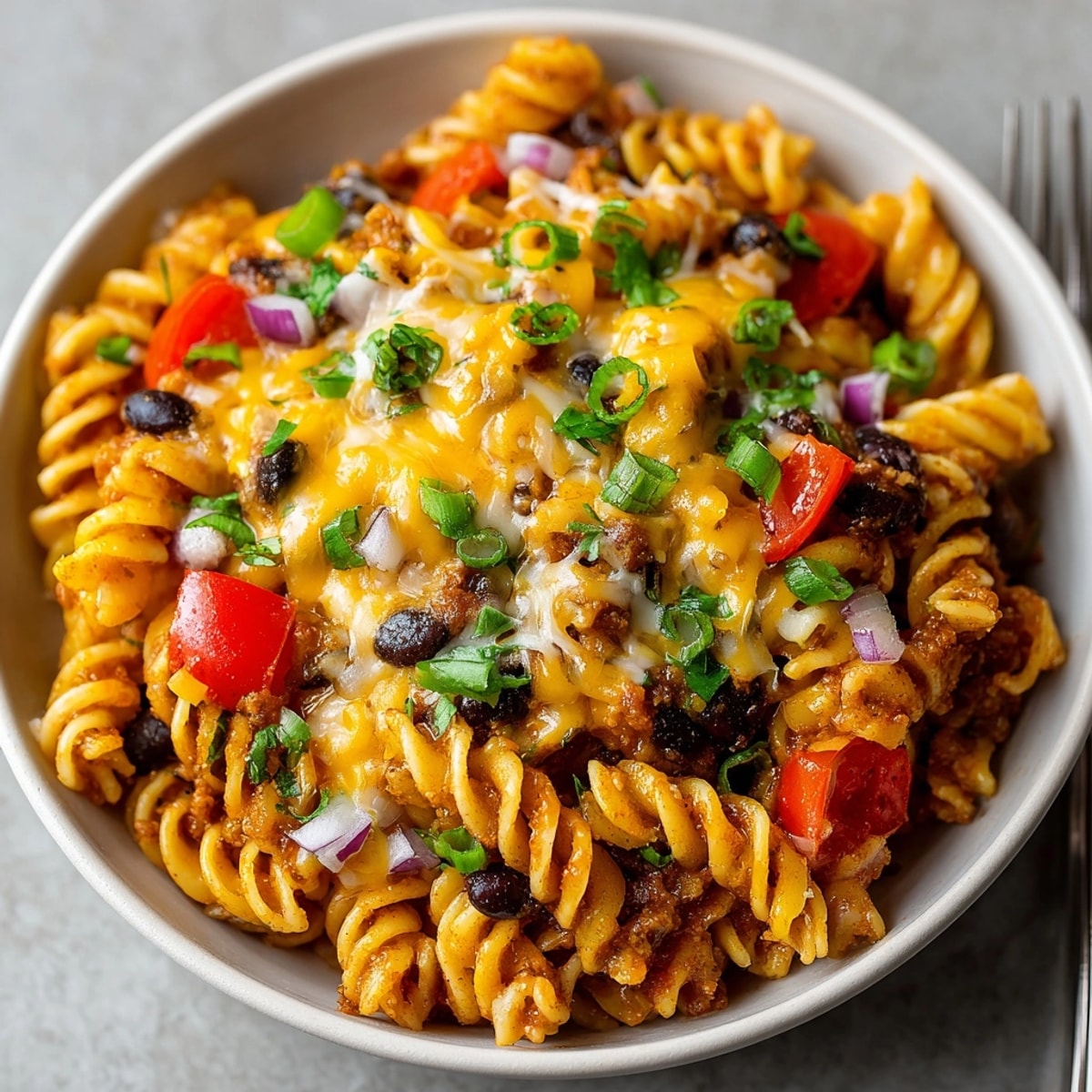 Steaming bowl of Cheesy Black Bean Chili Pasta, garnished with vibrant cilantro and onions.