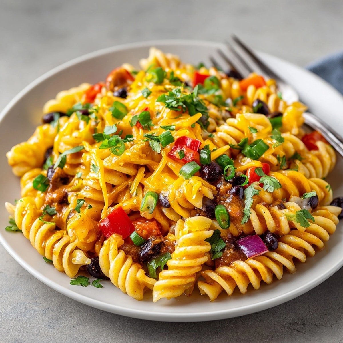 A creamy, cheesy Cheesy Black Bean Chili Pasta with a rustic texture, perfect for a hearty dinner.