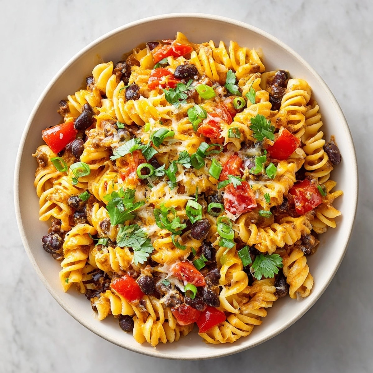 Enjoy a comforting plate of zesty Cheesy Black Bean Chili Pasta, with melted cheese and rich flavors.