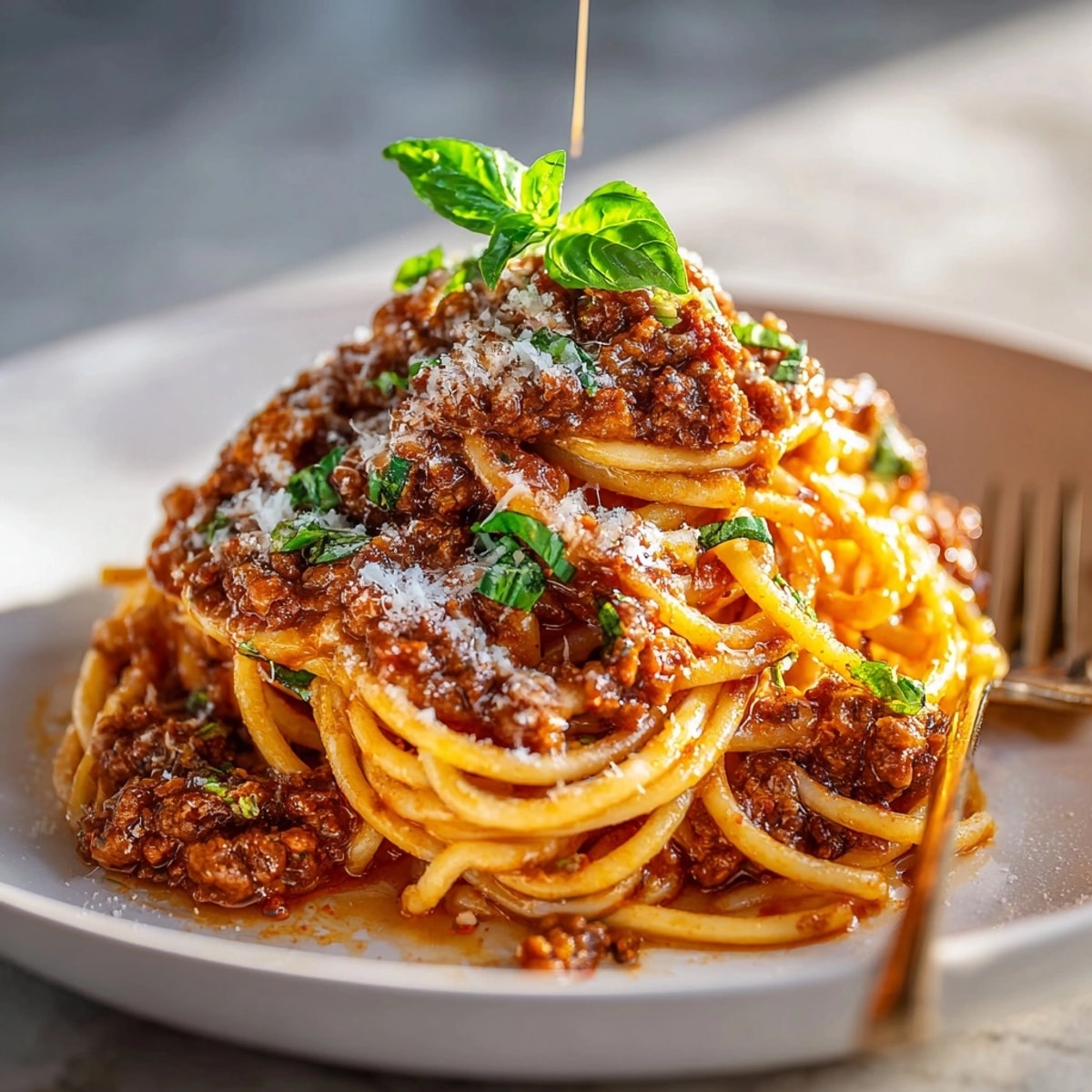 A close-up view of the Halloween "Brain" Pasta Bolognese, a fun and spooky Italian dinner.