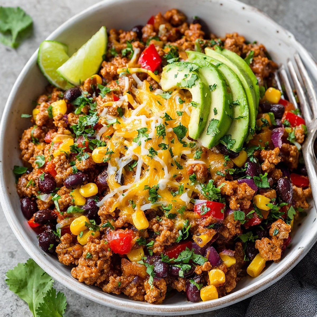 Ground Turkey Taco Skillet sizzling in a pan, a colorful medley of browned turkey and vegetables.