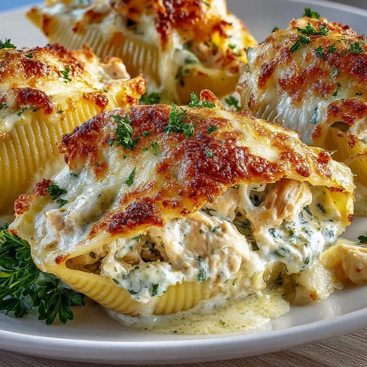 Golden, bubbly Chicken Alfredo Stuffed Shells featuring creamy sauce, tender pasta, and savory chicken filling.