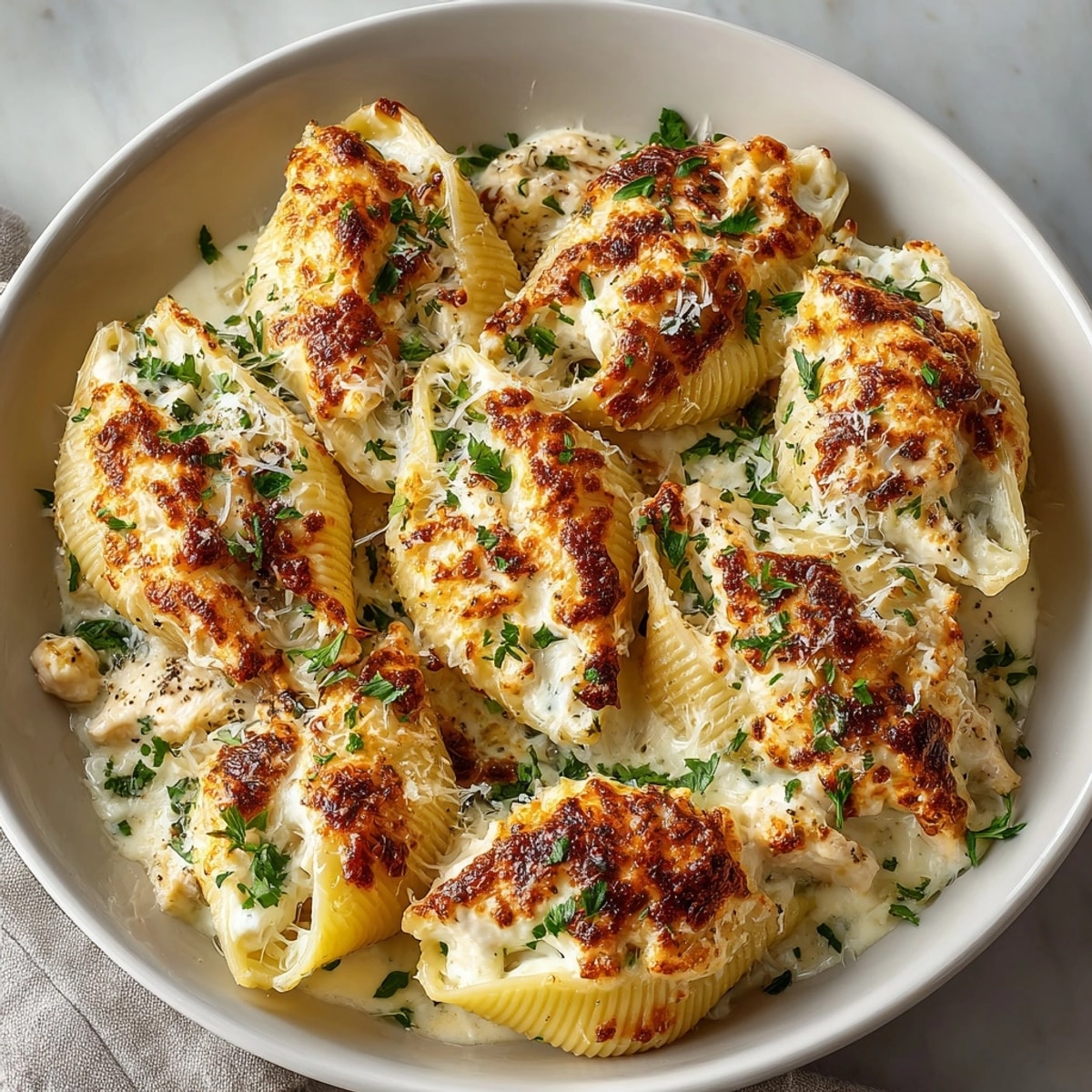Rich Alfredo sauce blankets the Chicken Alfredo Stuffed Shells, a delicious and satisfying dish for dinner.