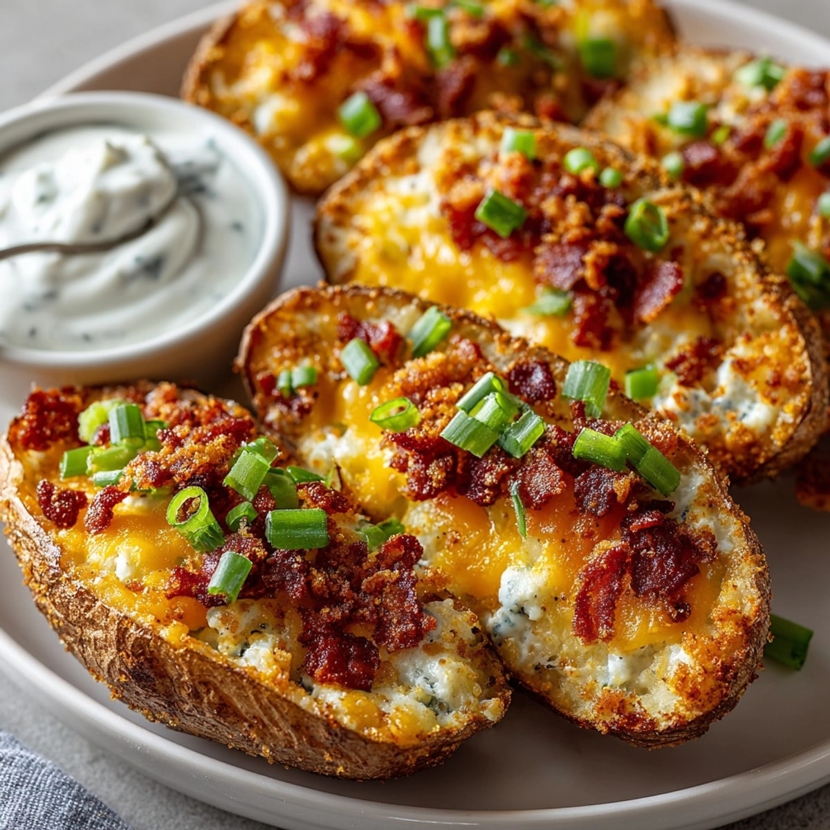 Golden-brown loaded potato skins with ranch, a tempting American appetizer, overflowing with melted cheese and bacon.