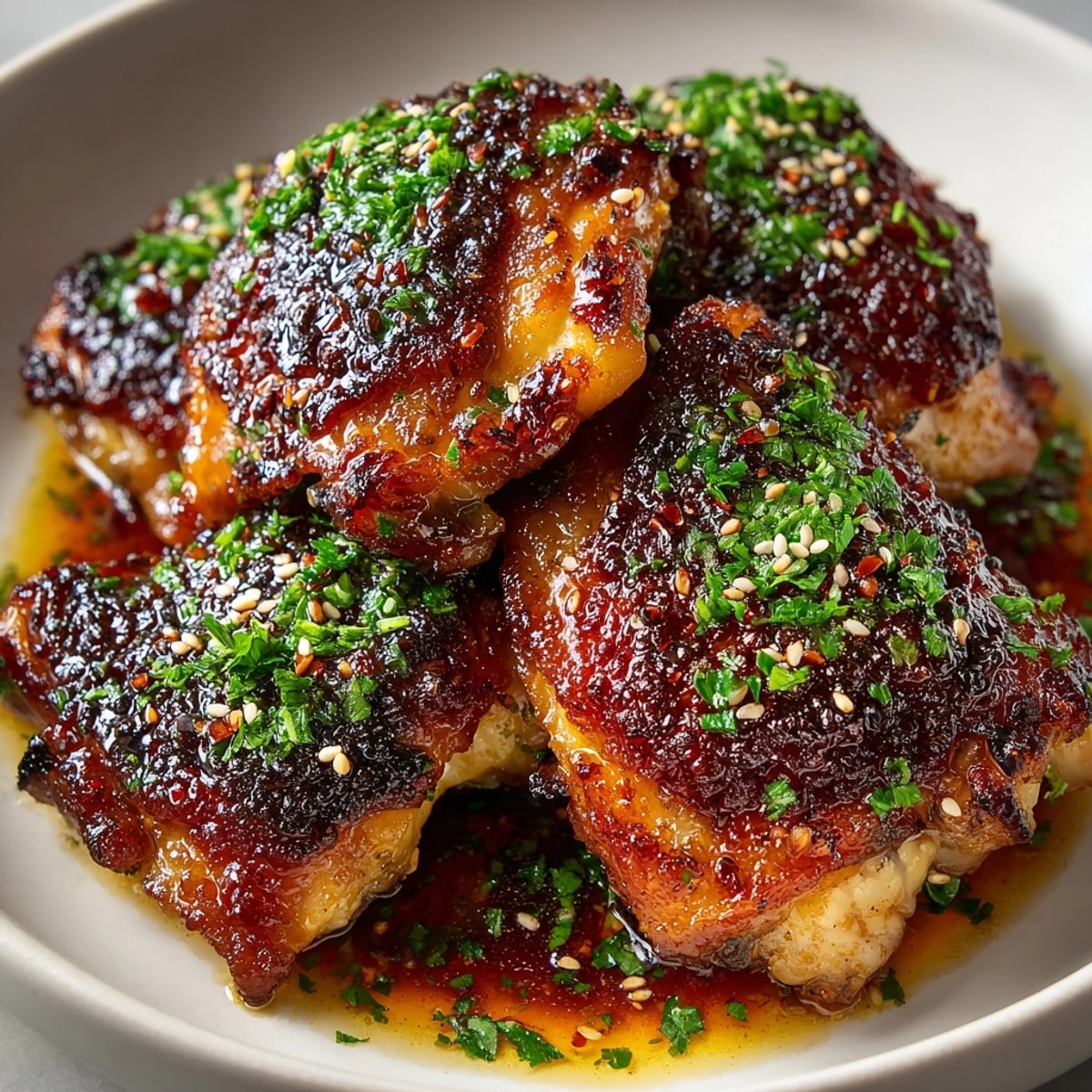 Golden, glistening Honey Garlic Chicken Thighs, ready to serve over fluffy rice with green garnish.