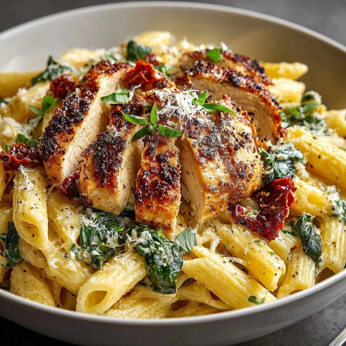 Creamy Tuscan Chicken Pasta: a vibrant plate of pasta with tender chicken in a rich, satisfying sauce.