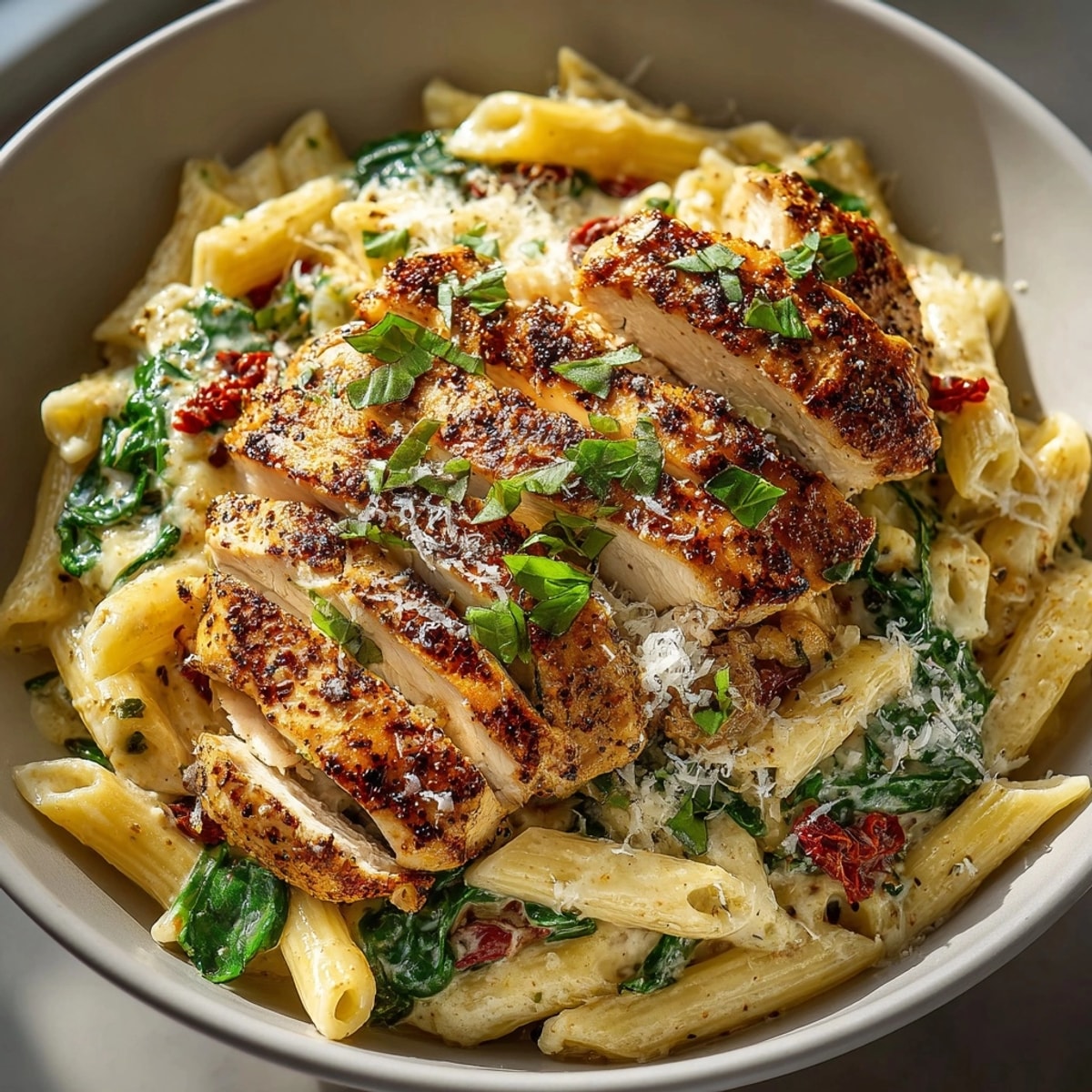 Golden, sizzling Creamy Tuscan Chicken Pasta with spinach and sundried tomatoes, perfect for dinner tonight.