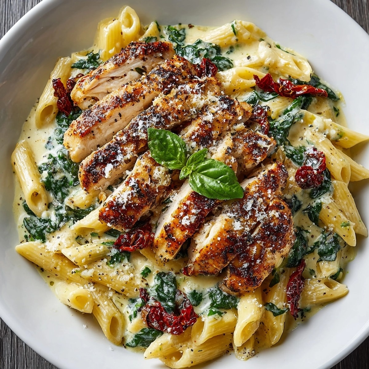 Imagine this: a bowl of Creamy Tuscan Chicken Pasta, hot and comforting with Parmesan and basil.