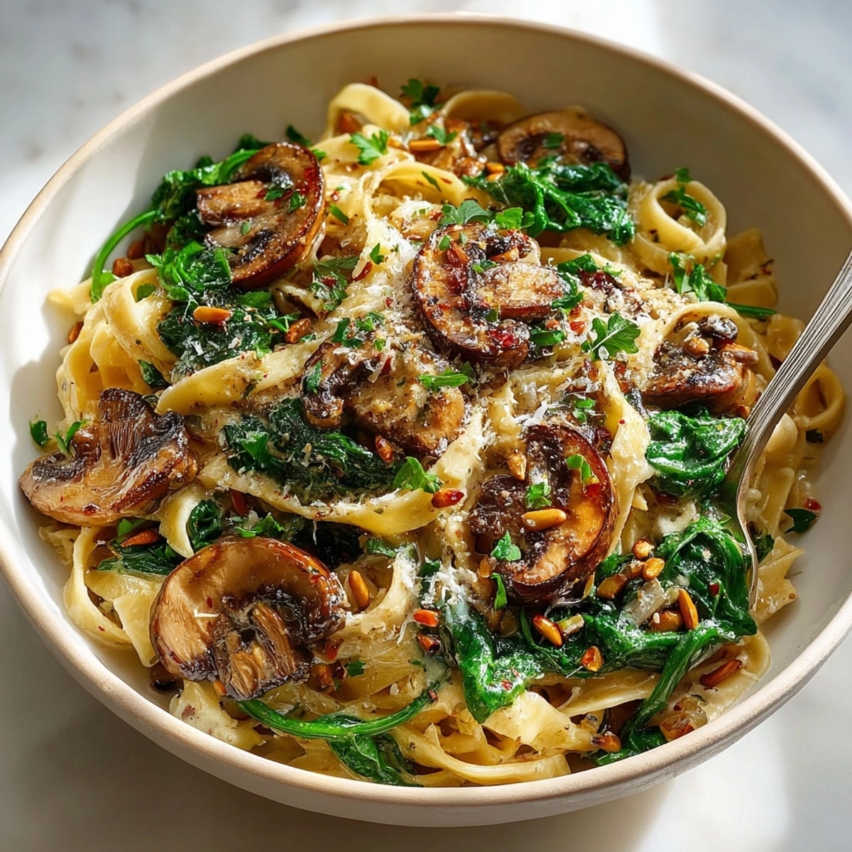 Savory Adaptogenic Mushroom Pasta, a close-up shows the pasta's earthy hues and vibrant green spinach.
