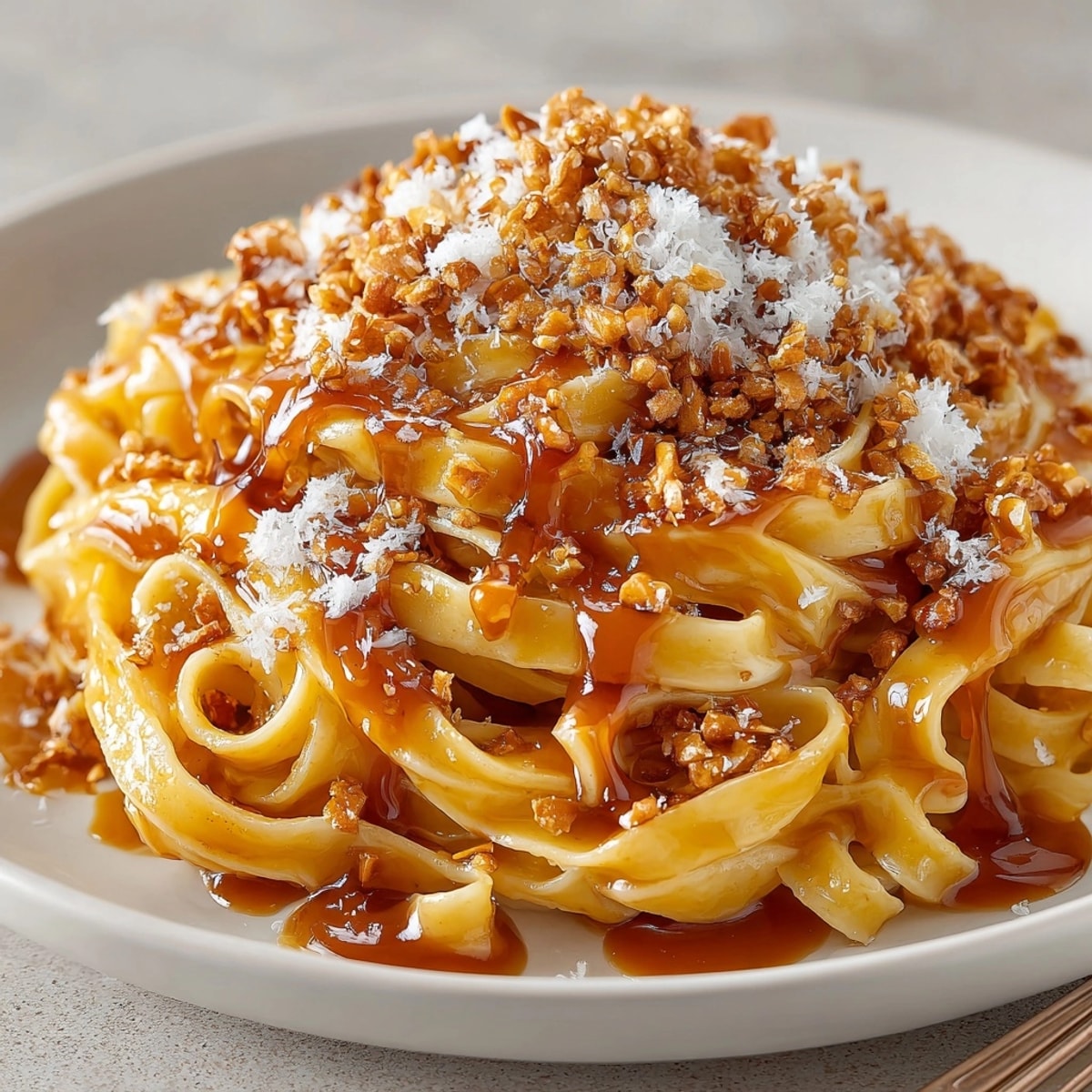 Golden ribbons of salted caramel pasta with a buttery pretzel crunch topping ready to enjoy.
