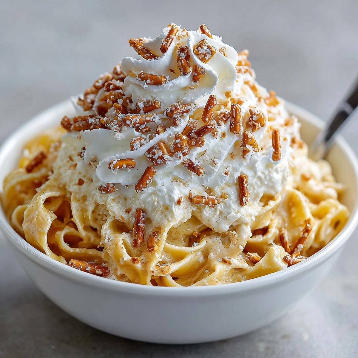 Close-up view of decadent salted caramel pasta, showcasing the crispy pretzel topping's texture.