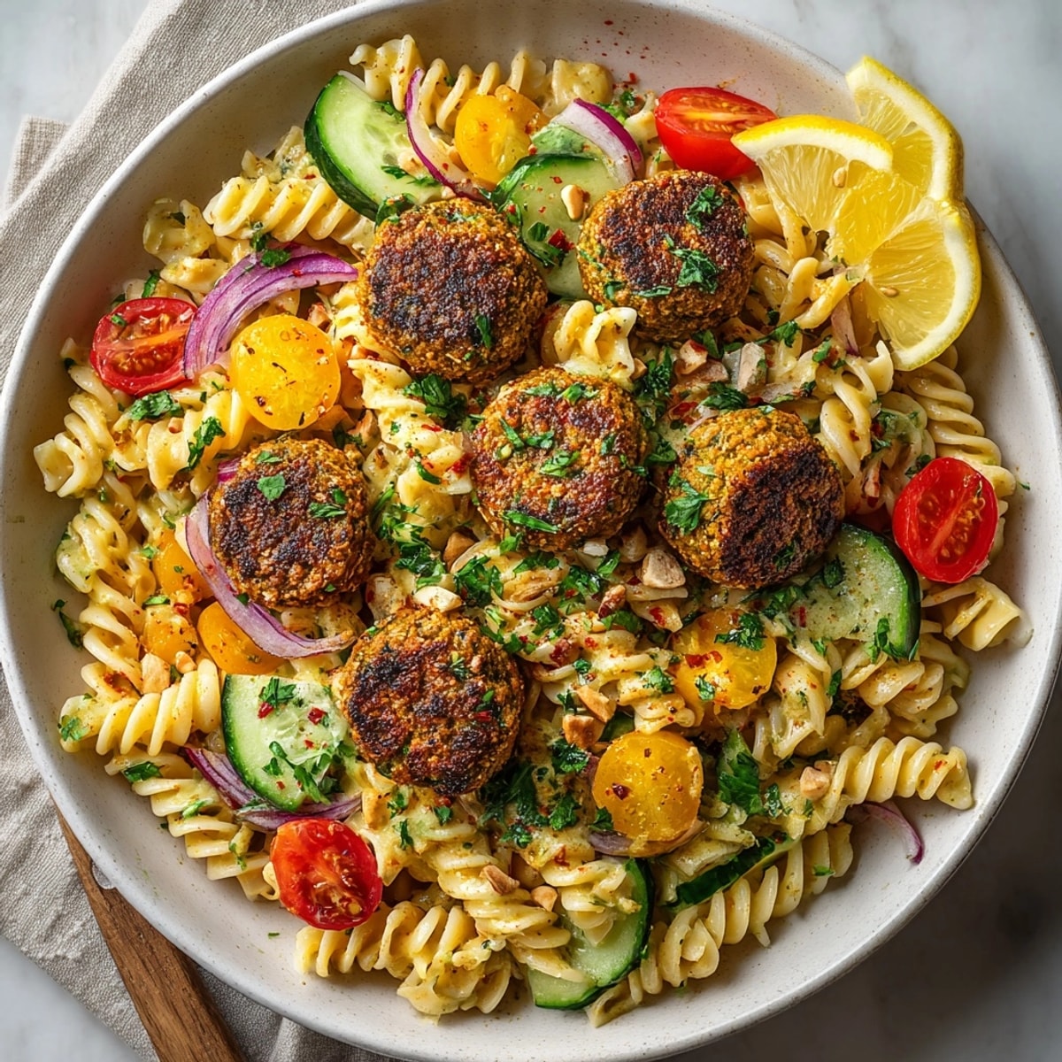 A steaming bowl of Falafel Pasta with Tahini Sauce, a colorful and flavorful vegetarian meal.