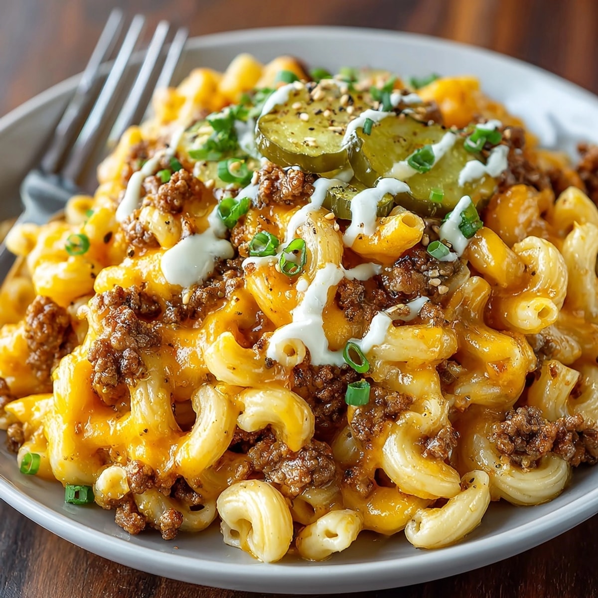 Golden-brown burger mac and cheese with a vibrant swirl of special sauce, ready to serve.