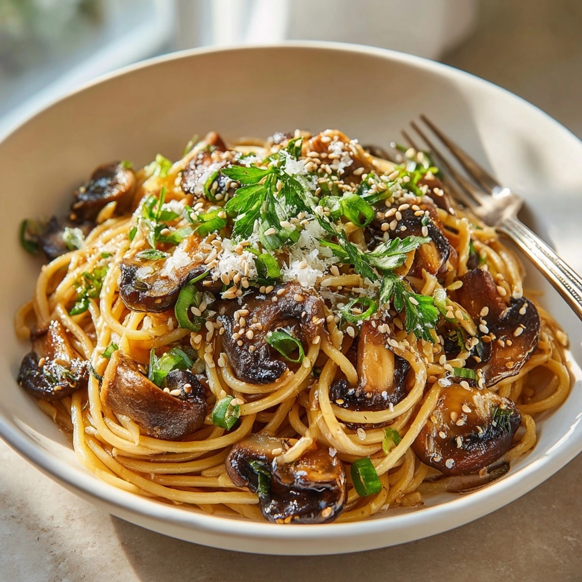 A delicious bowl of Soy-Glazed Mushroom Pasta with tender mushrooms and garnished sesame seeds offers a lovely texture.